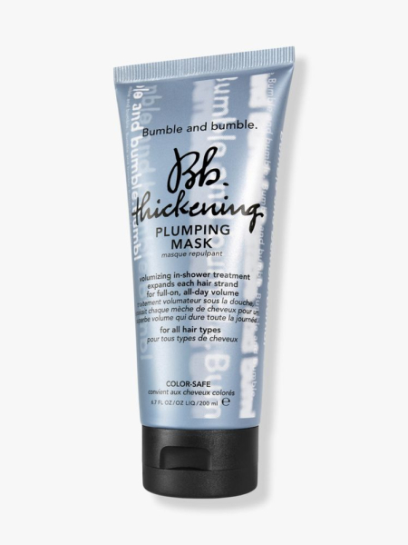 Bumble and Bumble Thickening Plumping Hair Mask light blue chrome tube with black cap on light gray background